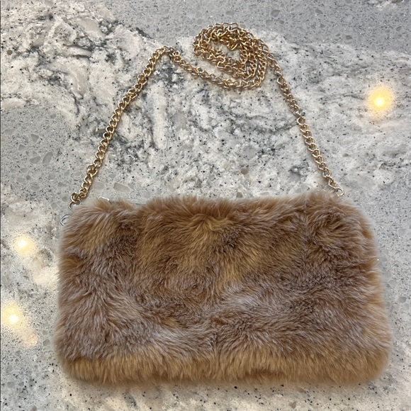 Faux Fur Chain Shoulder Bag - Tan - Picture 1 of 4